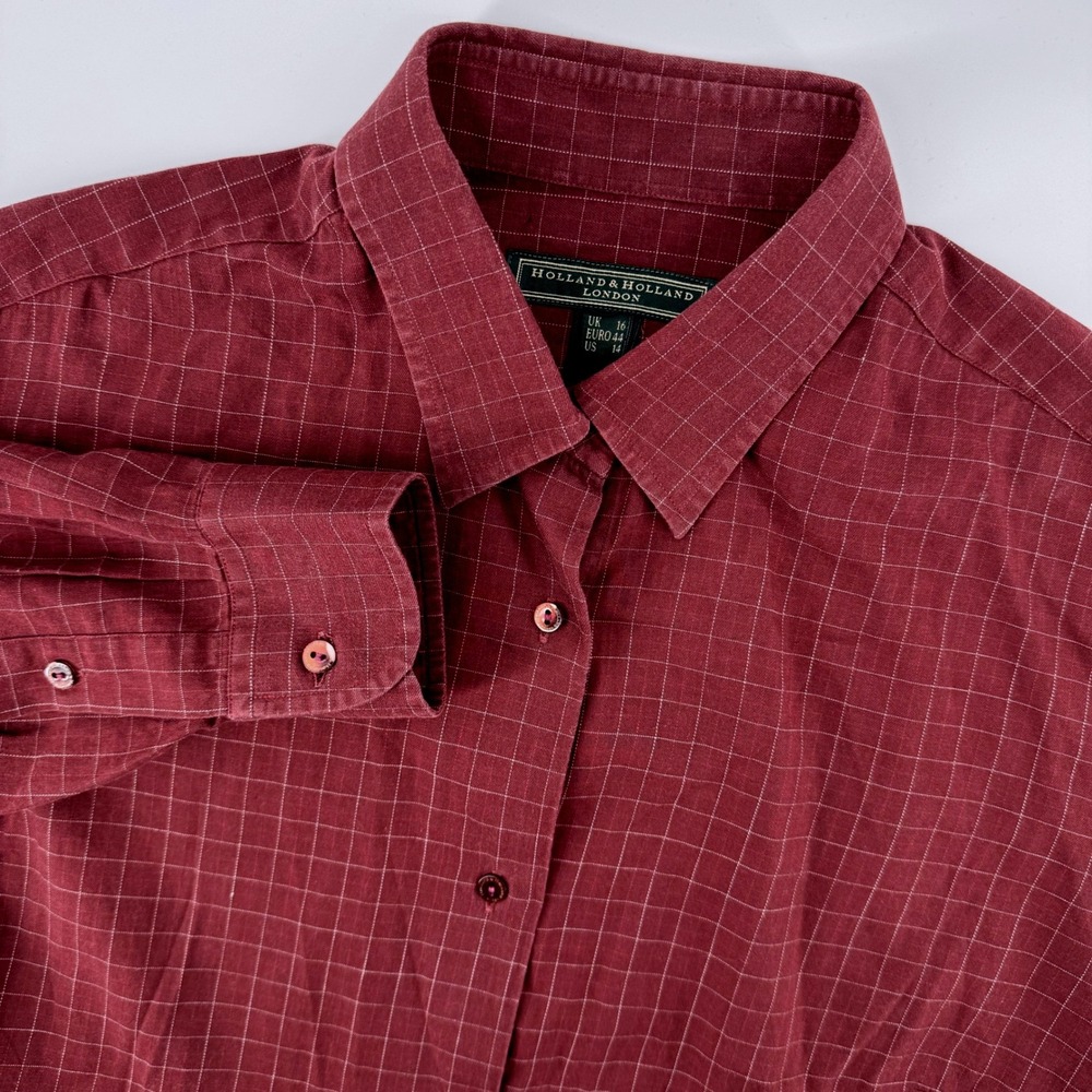 Holland & Holland London Womens 14‎ Burgundy Windowpane Cotton Button Down Shirt